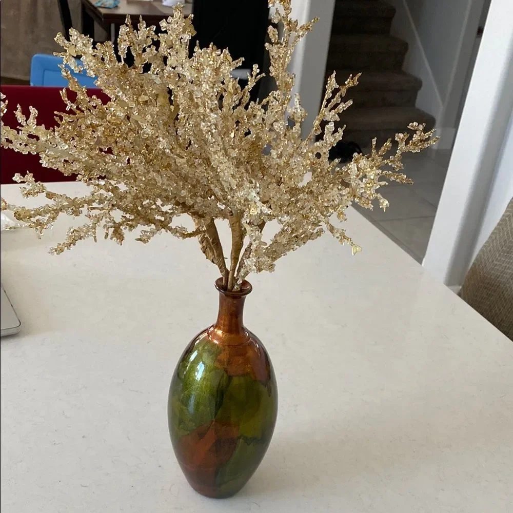 Elegant Gold and Green Vase with Decorative Branches